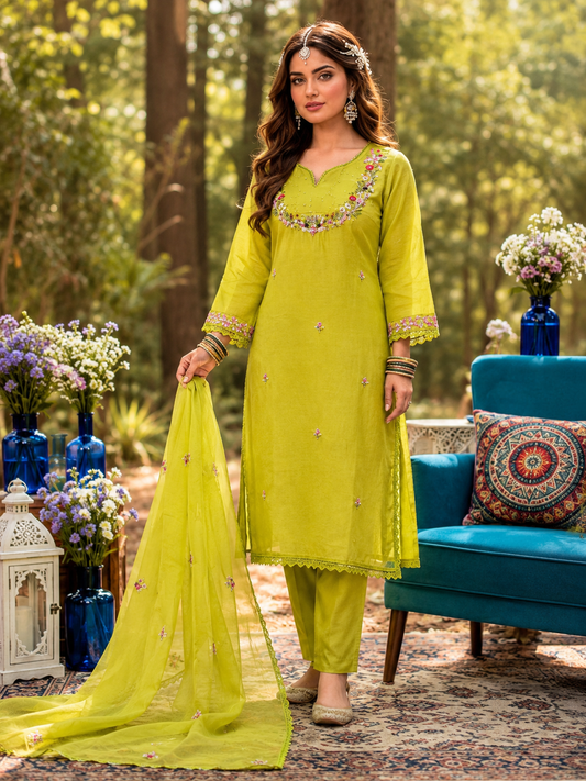 Woman in a bright yellow traditional outfit standing in a garden with flowers and a blue chair.