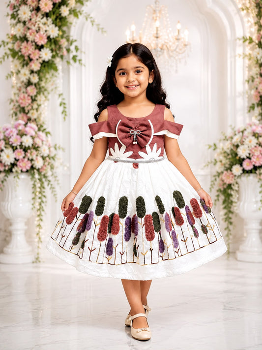 Girls festive embroidered party frock in brown and ivory shade for Shravanam pooja celebrations by LIKE N LIKE Vijayawada