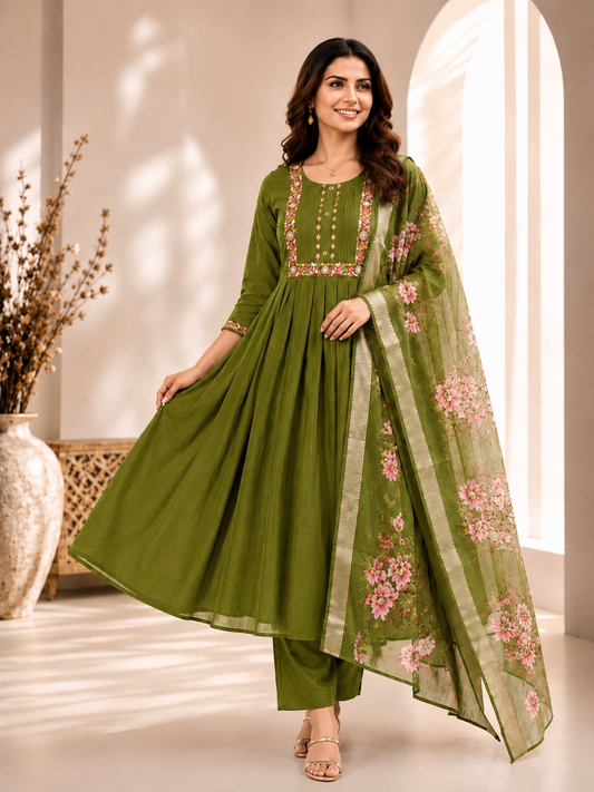 Like N Like Women's Olive Green Roman Silk Anarkali Suit Set with Floral Digital Printed Dupatta - Ready Stock Vijayawada