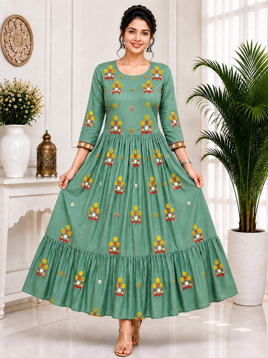 Green Roman Silk Sunflower Embroidered Anarkali Frock - LIKE N LIKE