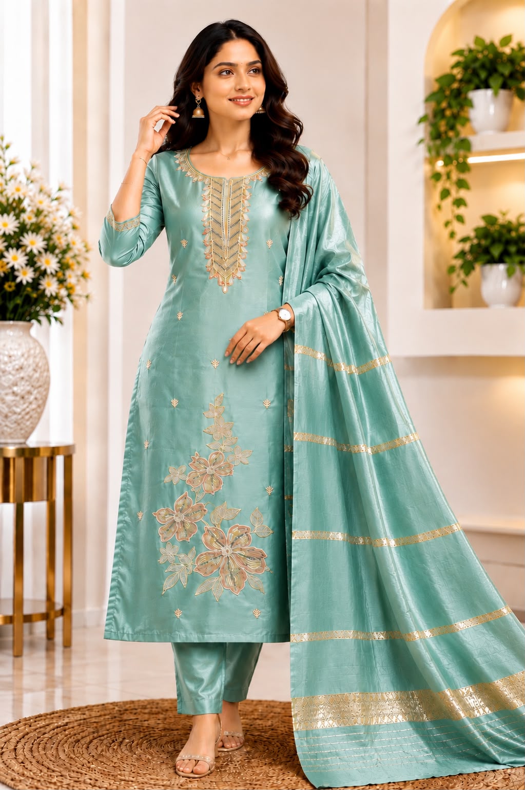 Mint Green Glass Tissue Embroidered 3-Piece Suit Set with Dupatta - LIKE N LIKE