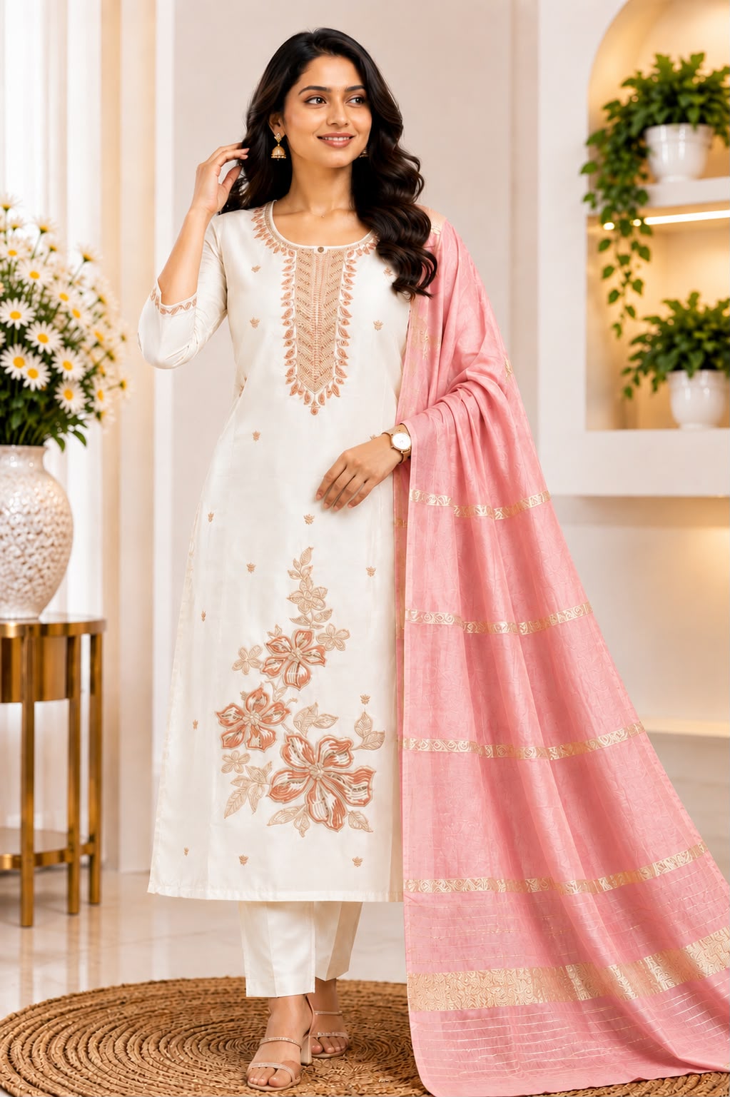 Off-White and Pink Glass Tissue Embroidered 3-Piece Suit Set - LIKE N LIKE
