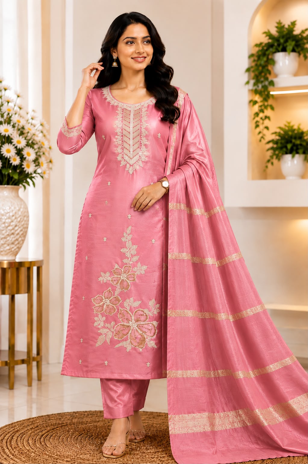 Pink Glass Tissue Embroidered 3-Piece Suit Set with Dupatta - LIKE N LIKE