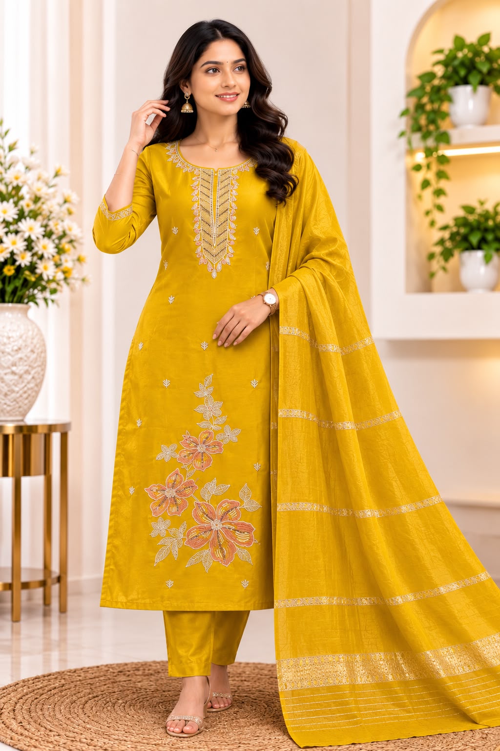 Yellow Glass Tissue Embroidered 3-Piece Suit Set with Dupatta - LIKE N LIKE