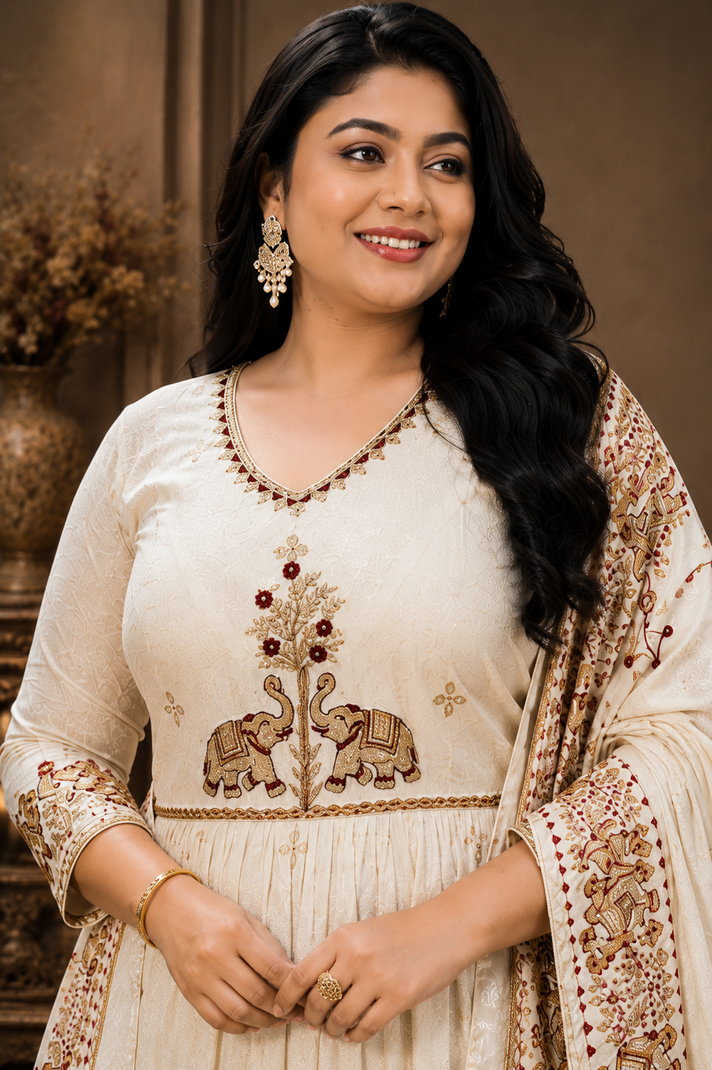 LIKE N LIKE Mal cotton cream anarkali suit close up embroidery work - Vijayawada