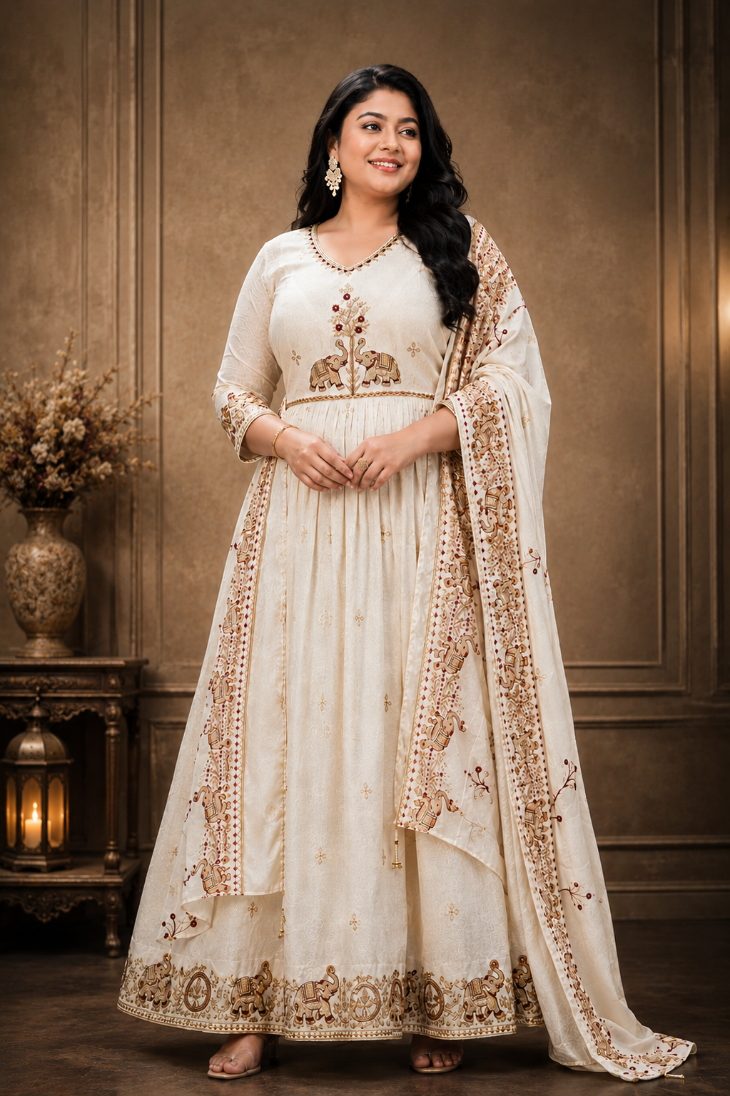 LIKE N LIKE Women's cream mal cotton embroidered anarkali suit set with dupatta and pant - Vijayawada