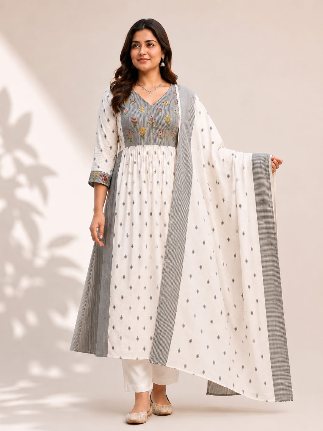 Like N Like Women's Off-White & Grey Embroidered Mal Cotton Anarkali Suit Set with Pant and Dupatta - Ready Stock Vijayawada
