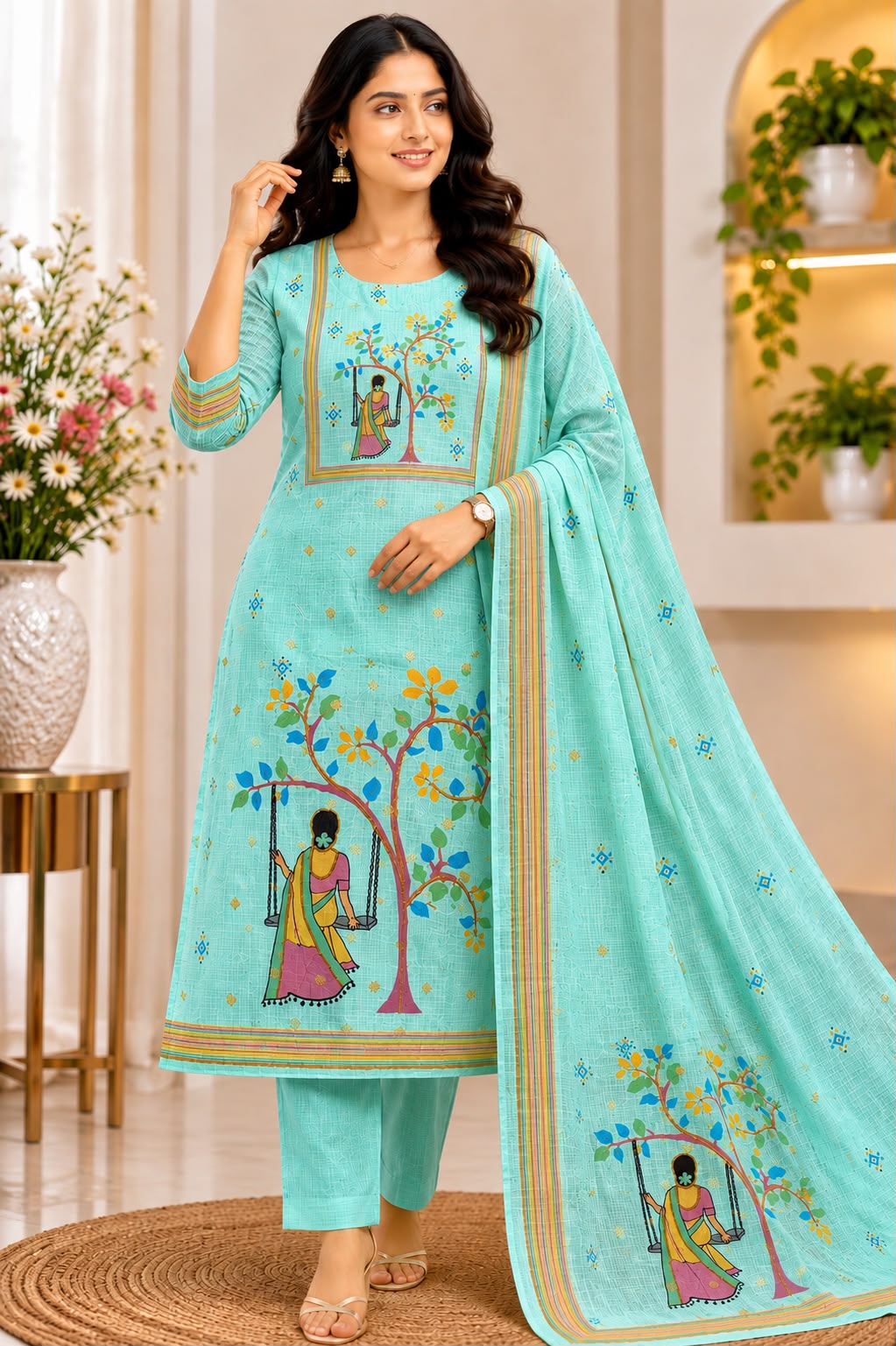 Mint Green Kota Floral Swing Printed Kurta Set at LIKE N LIKE Showroom, Vijayawada