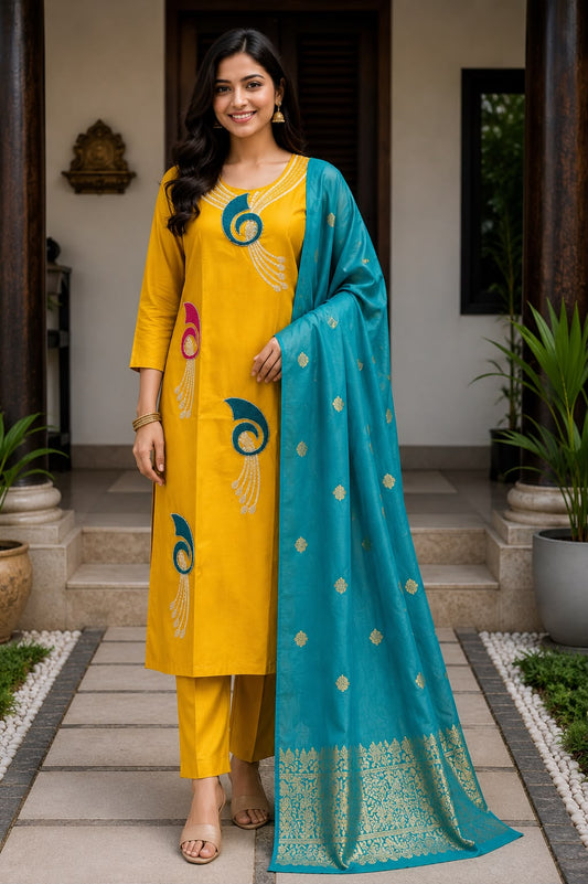 Mustard Yellow Embroidered Kurta Pant Set with Teal Blue Dupatta - LIKE N LIKE