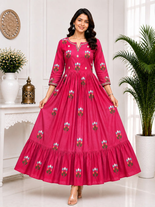Pink Roman Silk Embroidered Anarkali Frock with Floral Design - LIKE N LIKE