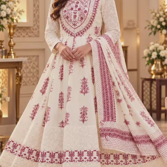 Premium Soft Mul Cotton 3 Piece Suit Set for Women in White and Maroon with Floral Design and Matching Dupatta – LIKE N LIKE