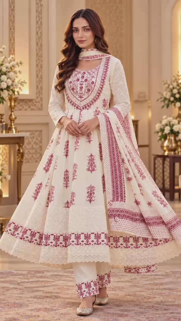 Premium Soft Mul Cotton 3 Piece Suit Set for Women in White and Maroon with Floral Design and Matching Dupatta – LIKE N LIKE
