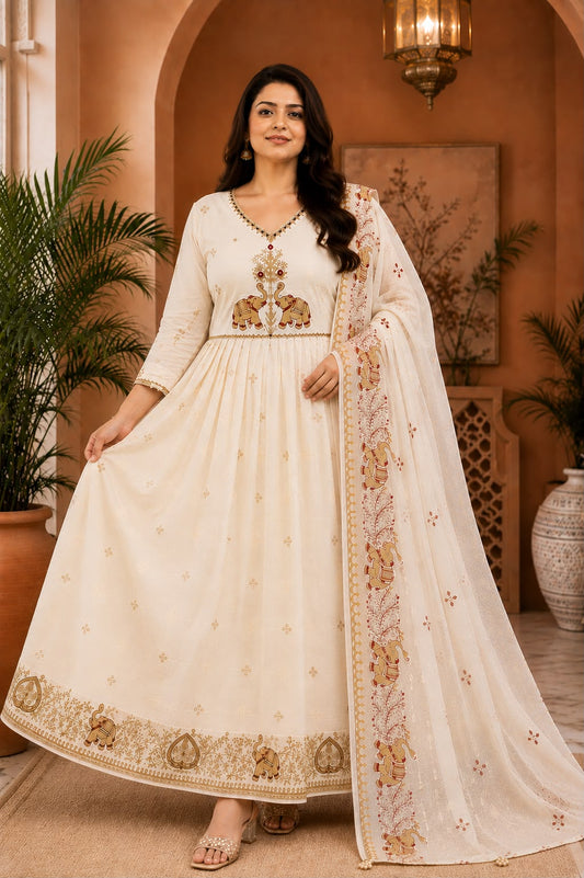 Pure Mal Cotton Anarkali Suit Set with Elephant Embroidery Like N Like Showroom Vijayawada