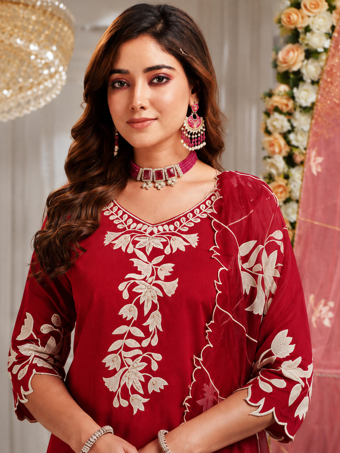 Close-up of Floral Embroidery on Red Roman Silk Kurta - LIKE N LIKE Vijayawada Gandhi Nagar