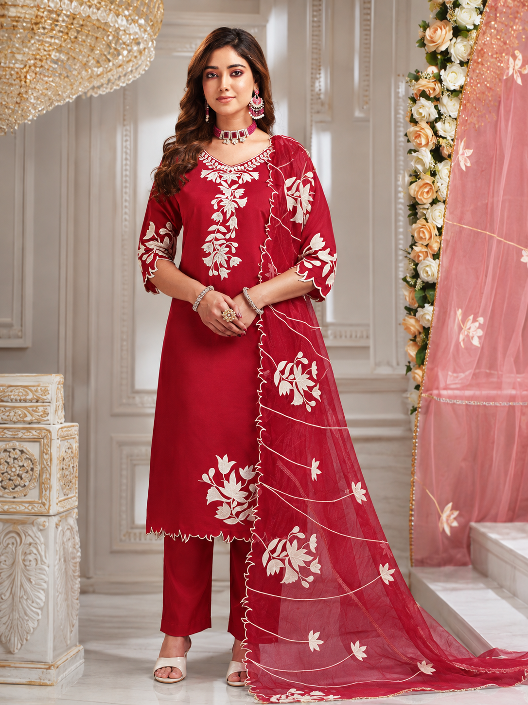 Red Roman Silk 3-Piece Kurti Pant Set with Scalloped Dupatta - LIKE N LIKE Showroom Vijayawada