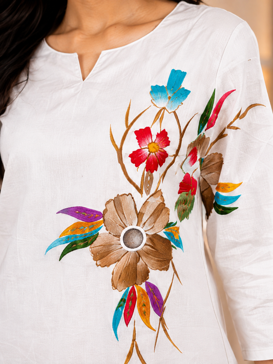 Detailed Multicolour Floral Embroidery on White Cotton Kurti | LIKE N LIKE Showroom Vijayawada