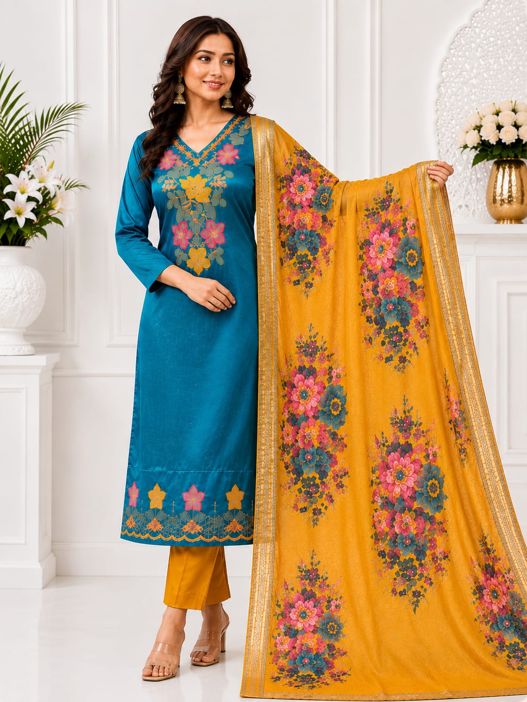 Premium Glass Tissue Embroidered Suit Set with Designer Printed Dupatta