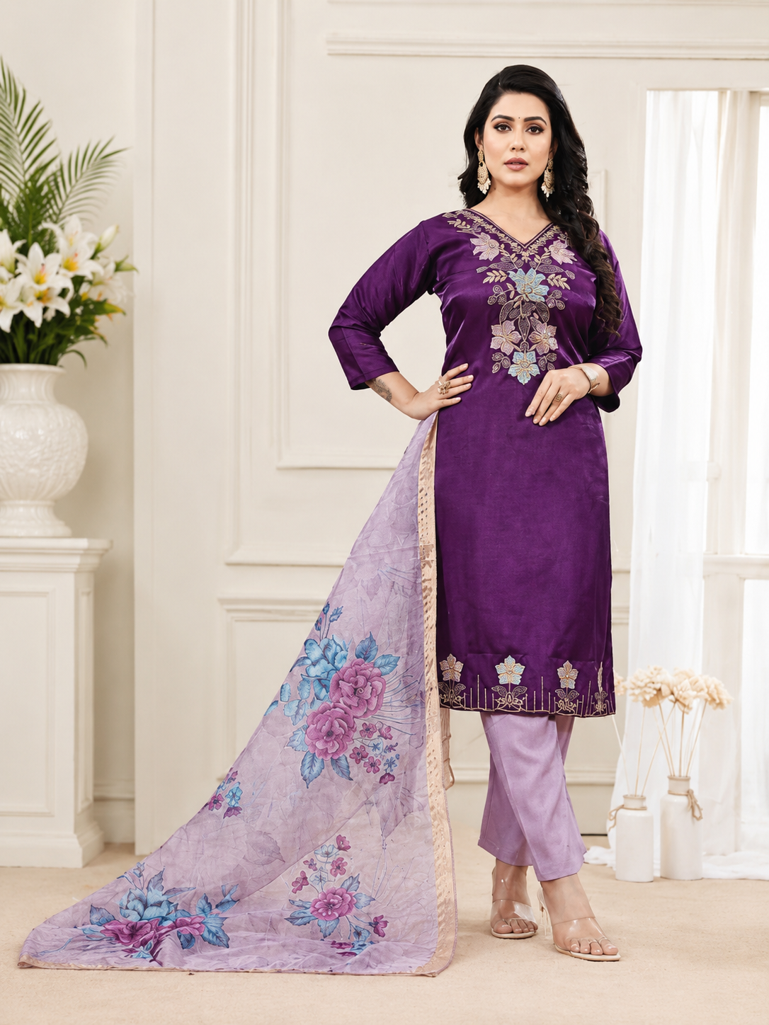 Wine Deep Purple Glass Tissue Embroidered Suit Set with Lavender Dupatta - LIKE N LIKE Vijayawada