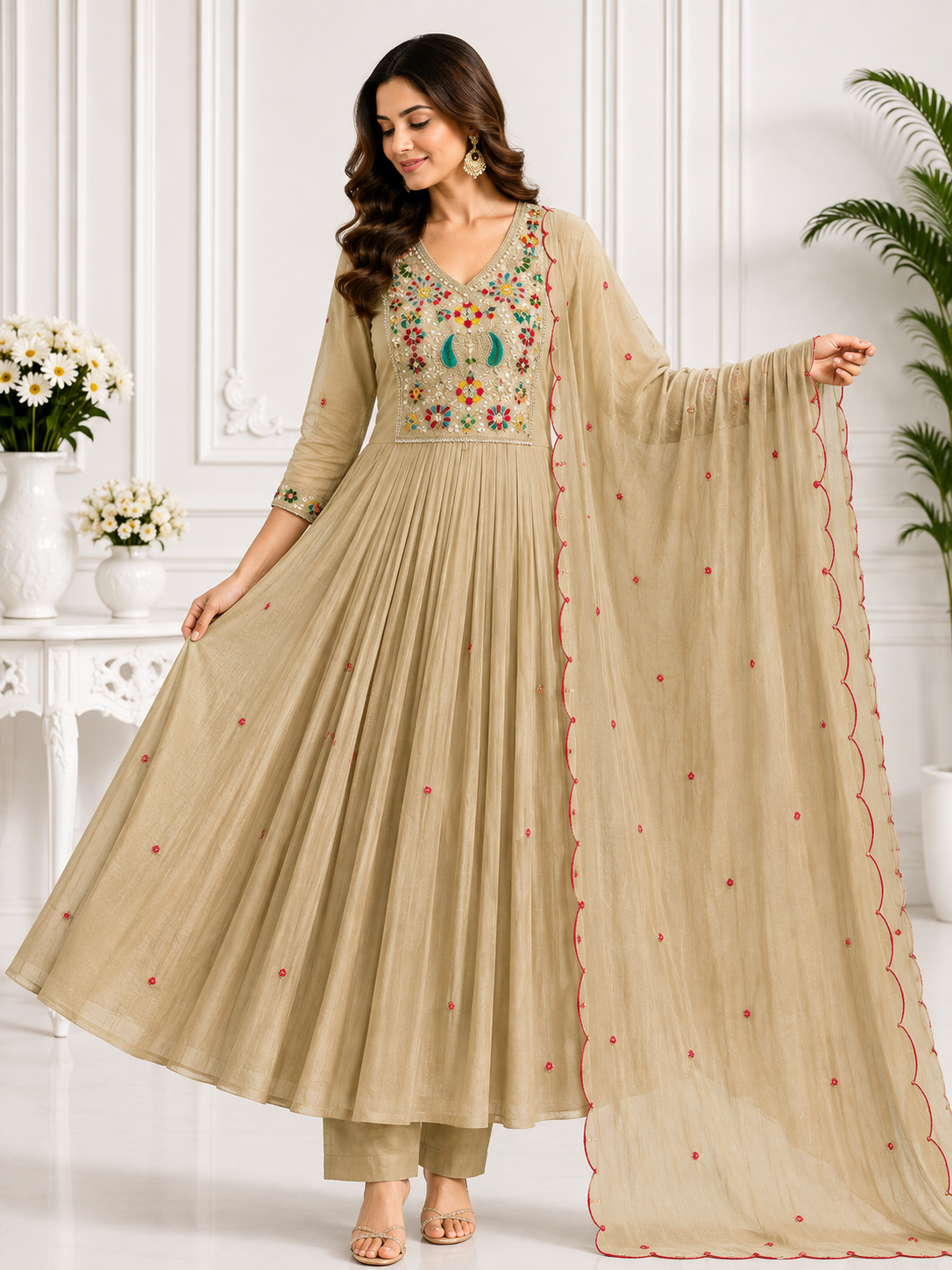 Premium  Mal Chanderi Embroidered Anarkali Suit Set with Dupatta | Free Shipping