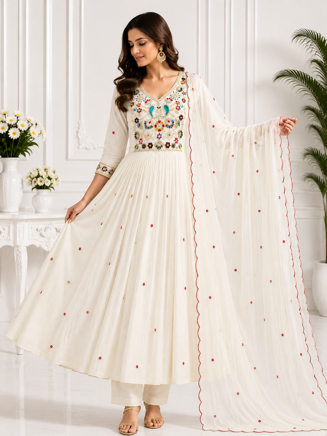 Premium  Mal Chanderi Embroidered Anarkali Suit Set with Dupatta | Free Shipping