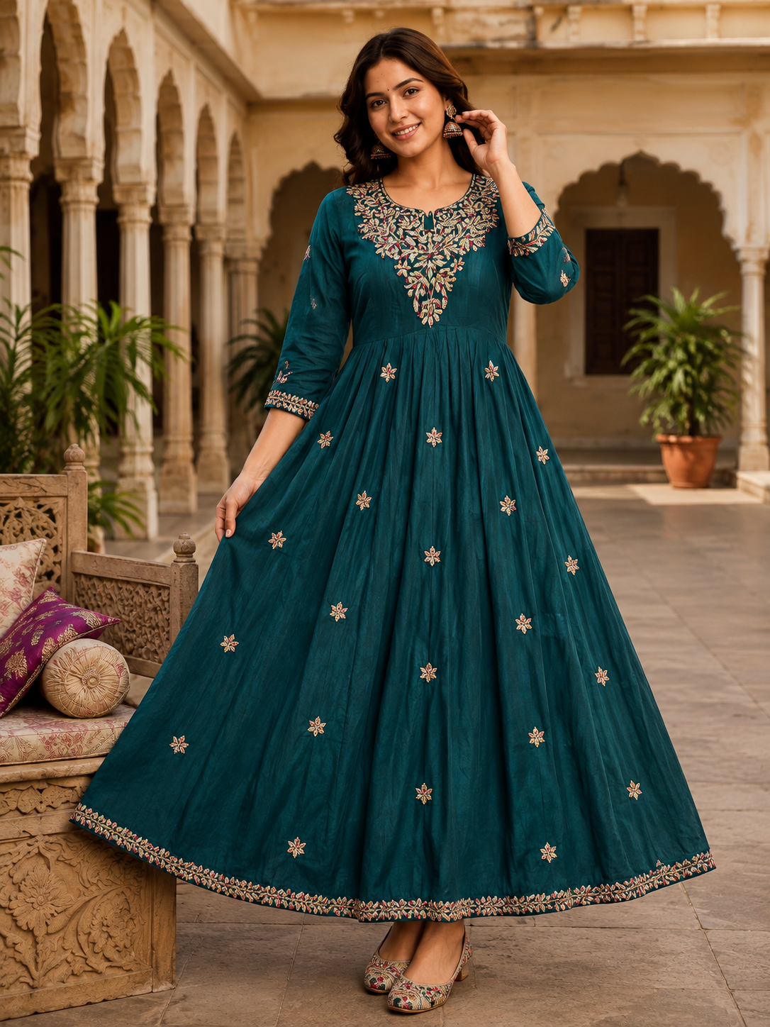 Teal Green Embroidered Rayon Anarkali Dress for Women - Front View