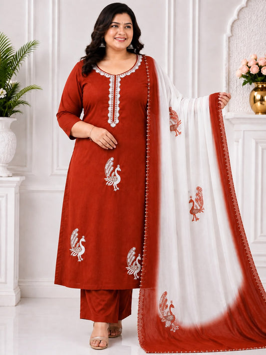 Peacock orange embroidered 3-piece salwar suit set with printed dupatta