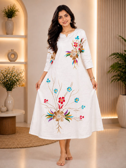 White Floral Embroidered A Line Kurti LIKE N LIKE Showroom Vijayawada