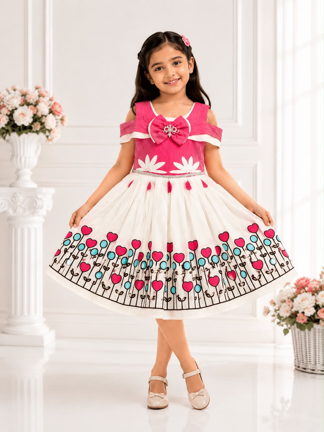 Girls Floral Designer Frock with Bow & Flower Embroidery | Kids Party Wear Frock | Sizes 20–30 | Model - 2