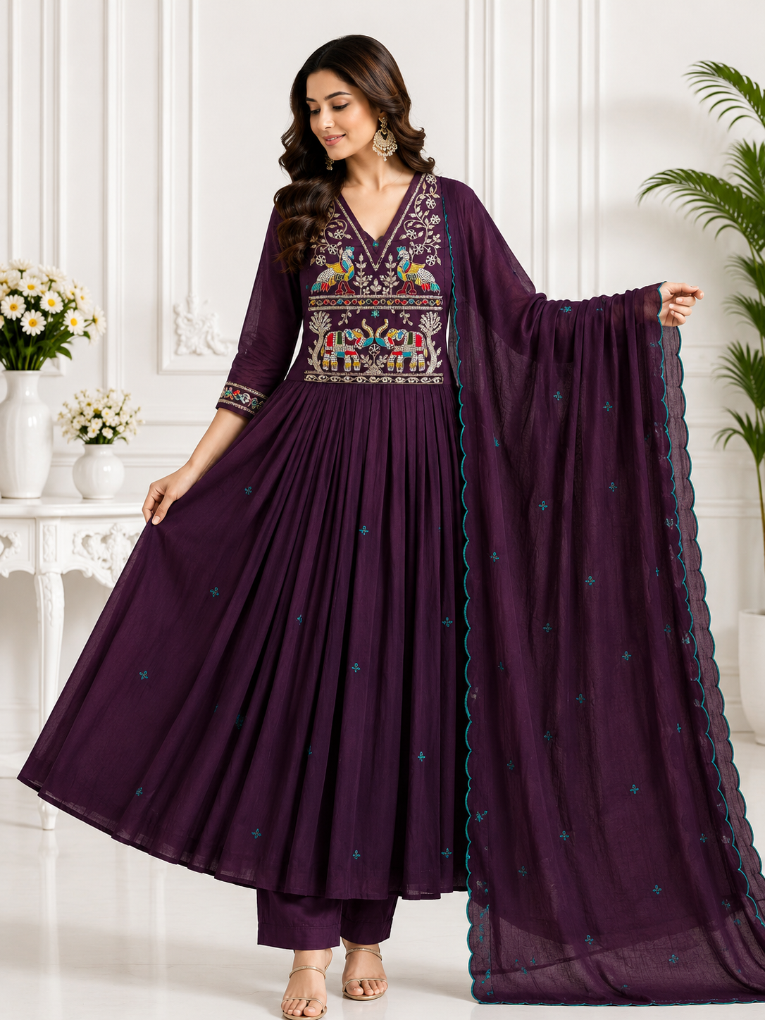 Mal Chanderi Embroidered Anarkali Suit Set with Dupatta | Women's Ethnic Wear | Design 1