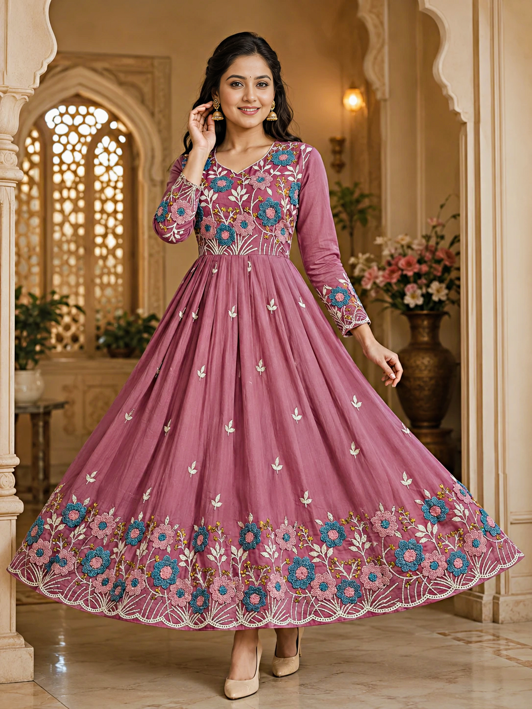 Premium Floral Embroidered Mul Cotton Anarkali Dress – Elegant Umbrella Flare | Free Shipping 🎉