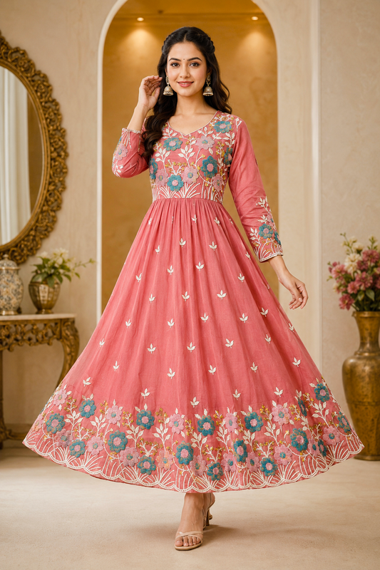 Premium Floral Embroidered Mul Cotton Anarkali Dress – Elegant Umbrella Flare | Free Shipping 🎉