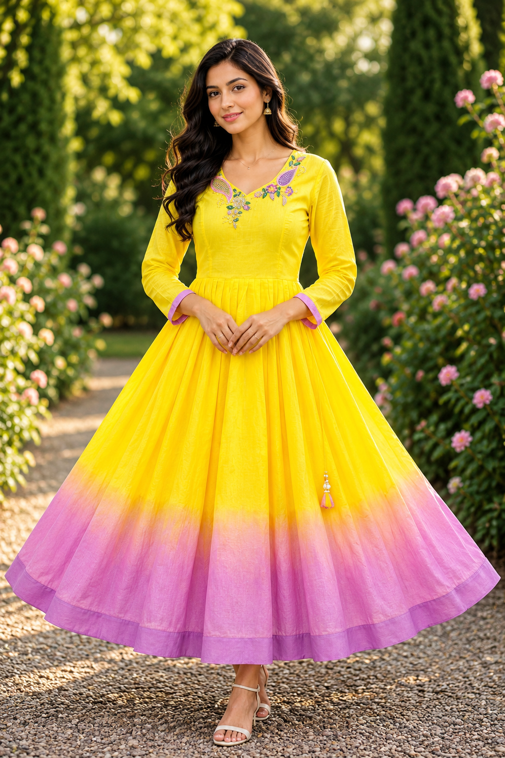 Women's Premium Chanderi Ombre Umbrella Frock | Embroidered Neck