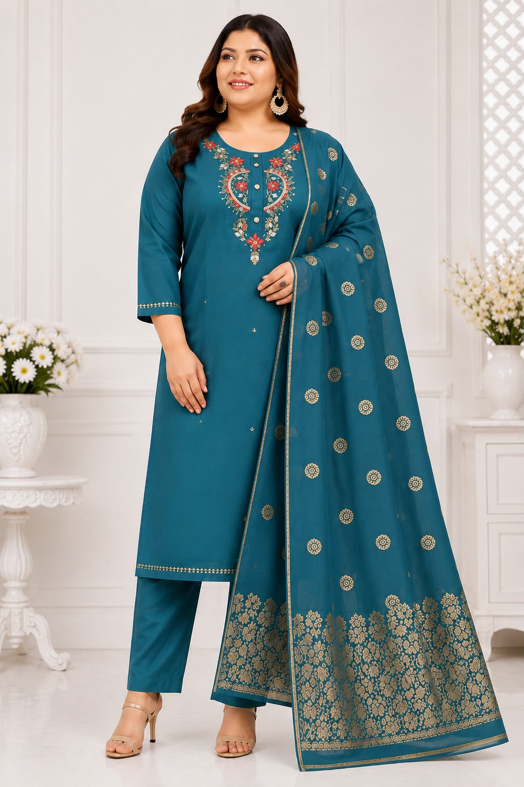 Premium Roman Silk 3-Piece Plus Size Suit Set | Embroidered Kurta, Pant & Jacquard Dupatta| Free Shipping 🎉