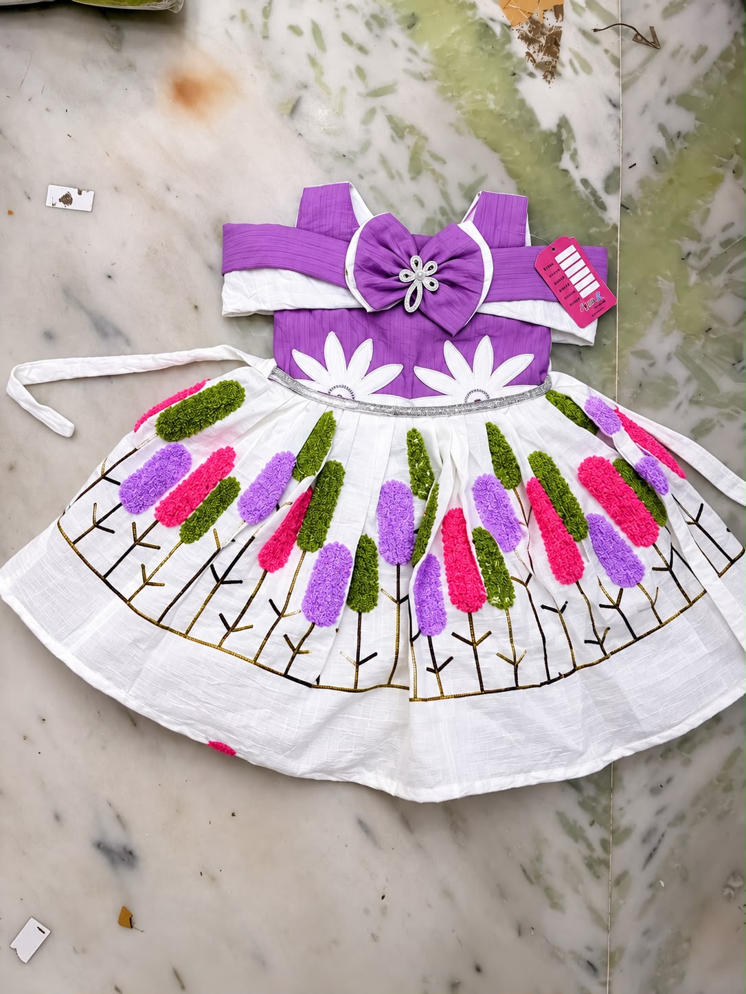 Girls Floral Designer Frock with Bow & Flower Embroidery | Kids Party Wear Frock | Sizes 20–30