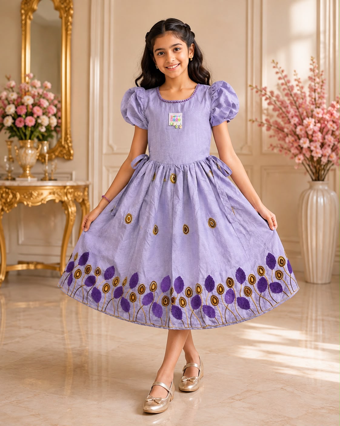 Girls Floral Designer Frock with Bow & Flower Embroidery | Kids Party Wear Frock | Sizes 8 - 10 Years