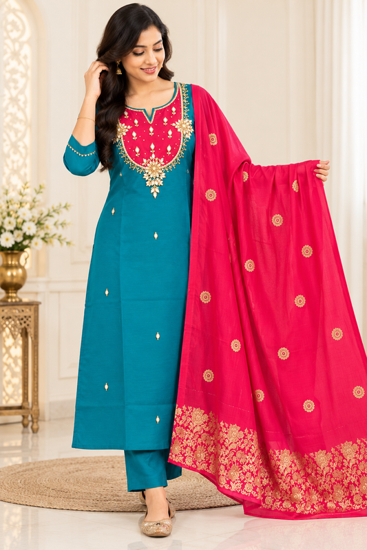 Like N Like Women's Roman Silk Kardana Work 3-Piece Set (M to 5XL)
