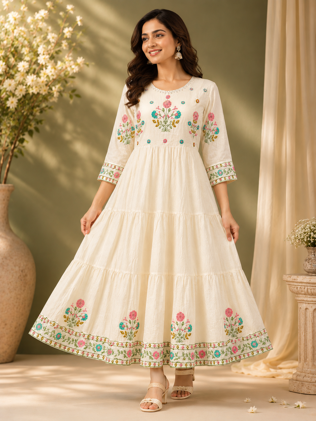 Mul Cotton Embroidery Frock | Flower Design