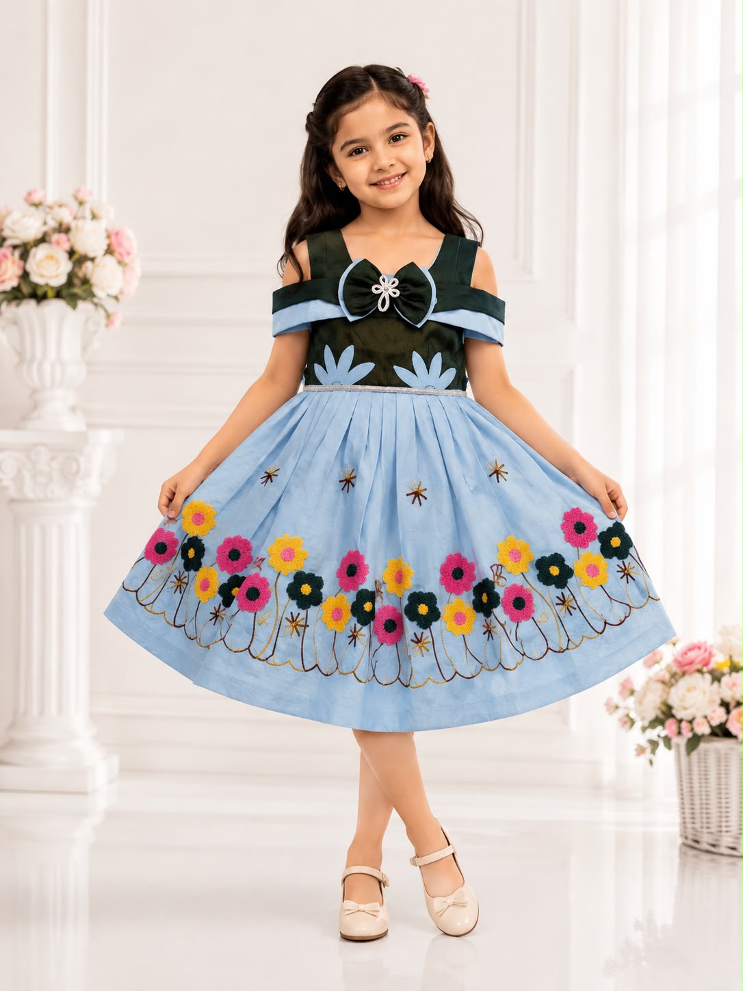 Girls Floral Designer Frock with Bow & Flower Embroidery | Kids Party Wear Frock | Sizes 20–30 | Model - 3