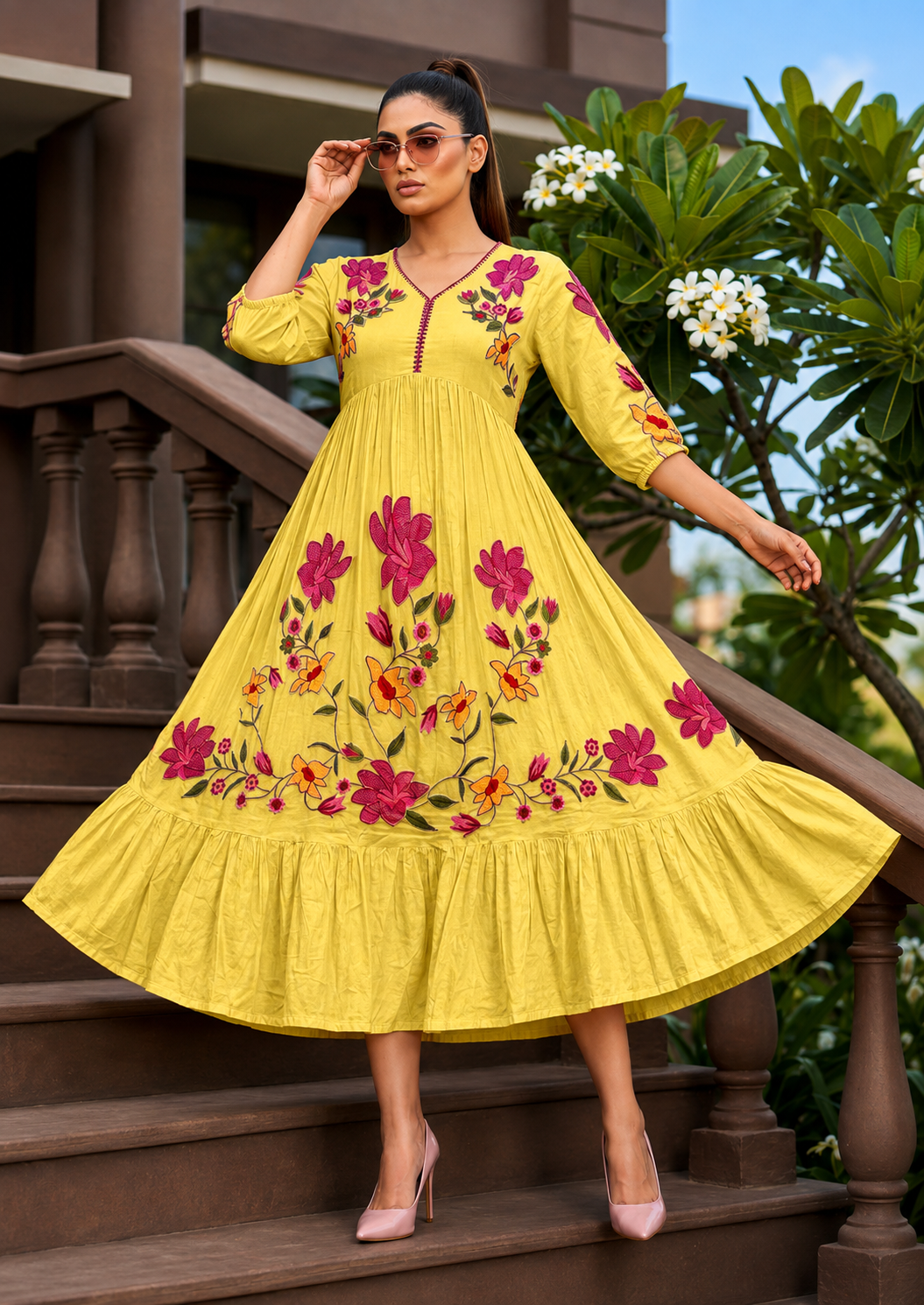 Women's Premium Mul Cotton Embroidered Umbrella Dress | Floral Thread Work | A-Line Flared Kurti | Pink, Pista Green & Mustard Yellow