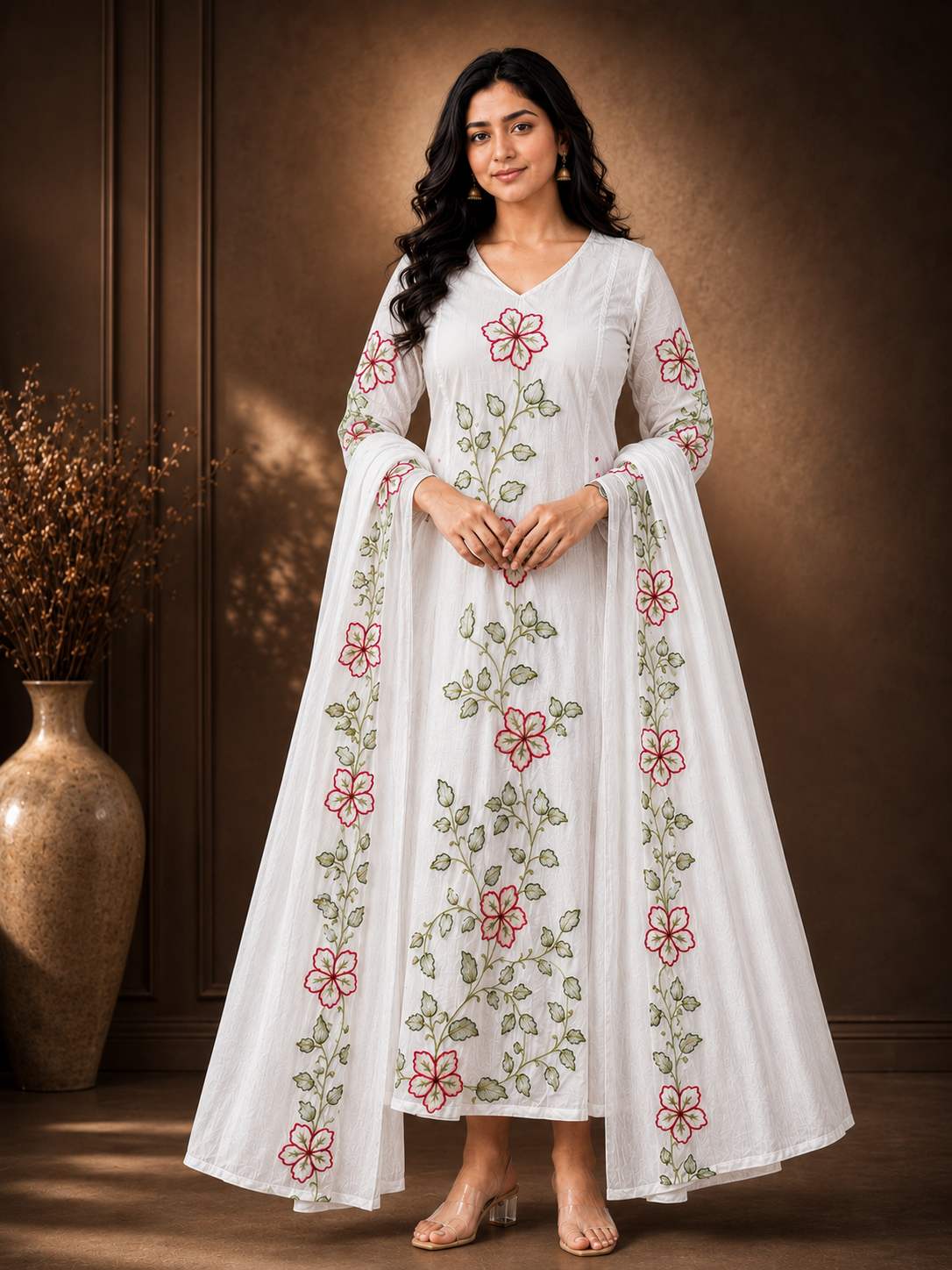 Floral Thread Embroidered Mal Chenderi 3 Pcs  | Free Shipping ✨🛍️