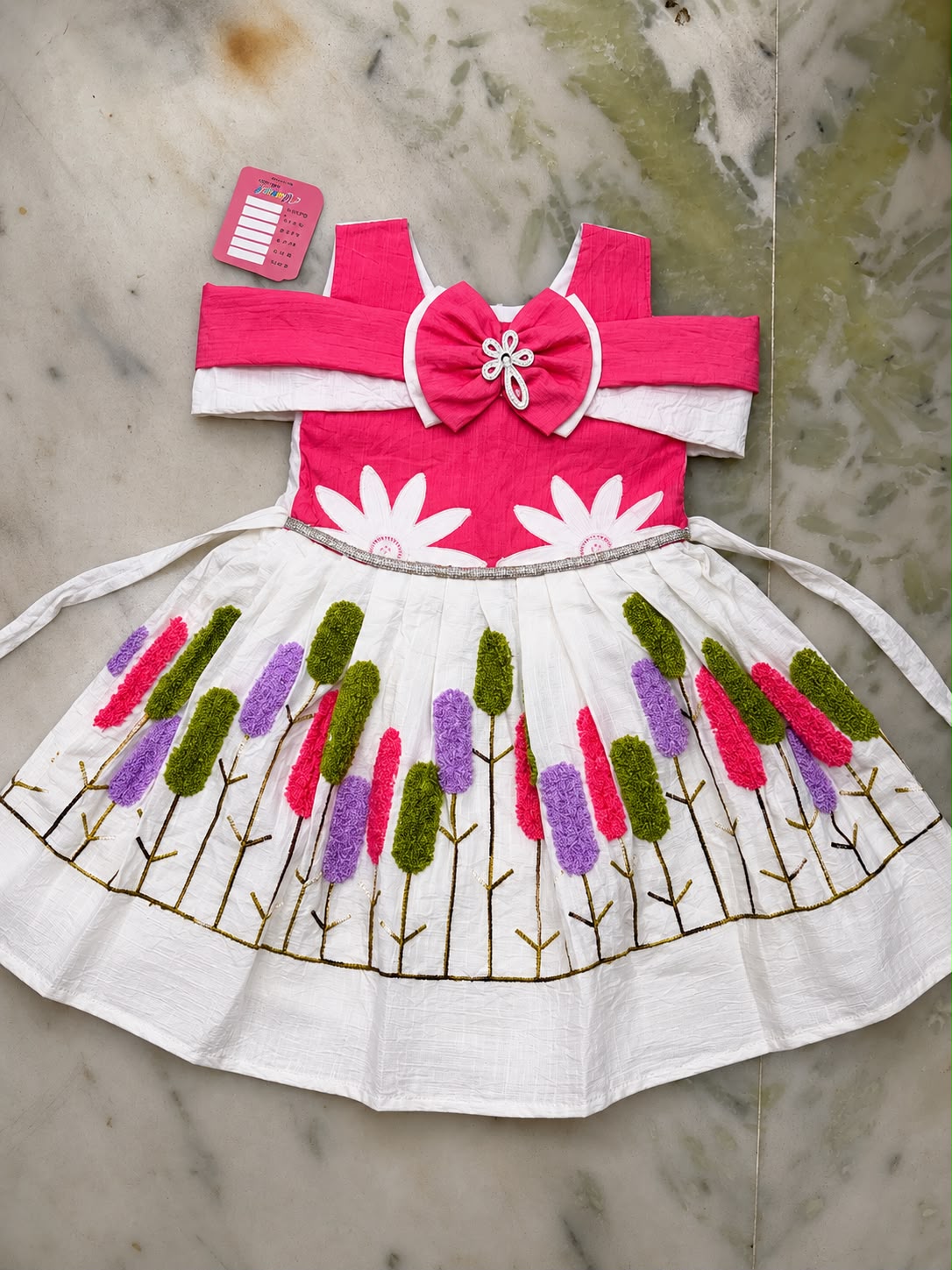 Girls Floral Designer Frock with Bow & Flower Embroidery | Kids Party Wear Frock | Sizes 20–30