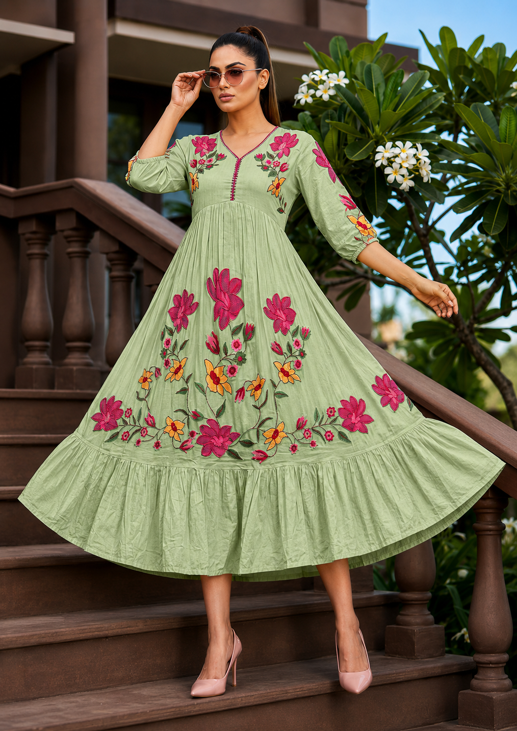 Women's Premium Mul Cotton Embroidered Umbrella Dress | Floral Thread Work | A-Line Flared Kurti | Pink, Pista Green & Mustard Yellow