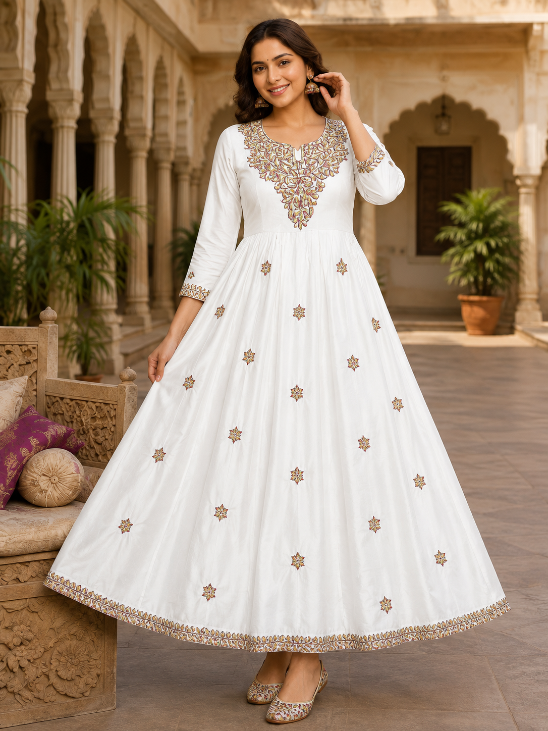 Snow White Embroidered Rayon Anarkali Dress for Women - Front View
