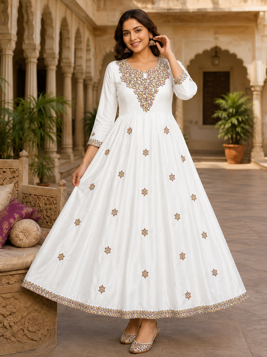 Snow White Embroidered Rayon Anarkali Dress for Women - Front View