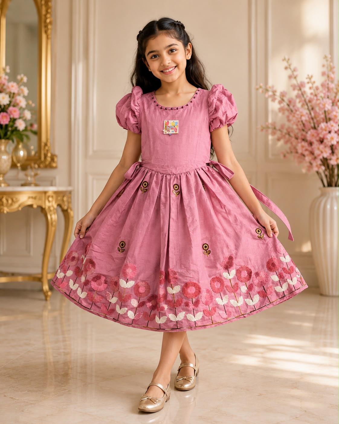 Girls Floral Designer Frock with Bow & Flower Embroidery | Kids Party Wear Frock | Sizes 8 - 10 Years