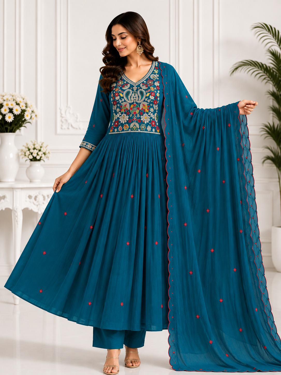 Premium  Mal Chanderi Embroidered Anarkali Suit Set with Dupatta | Free Shipping