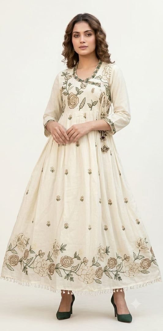 Mul Cotton Embroidery Frock | Rose Design