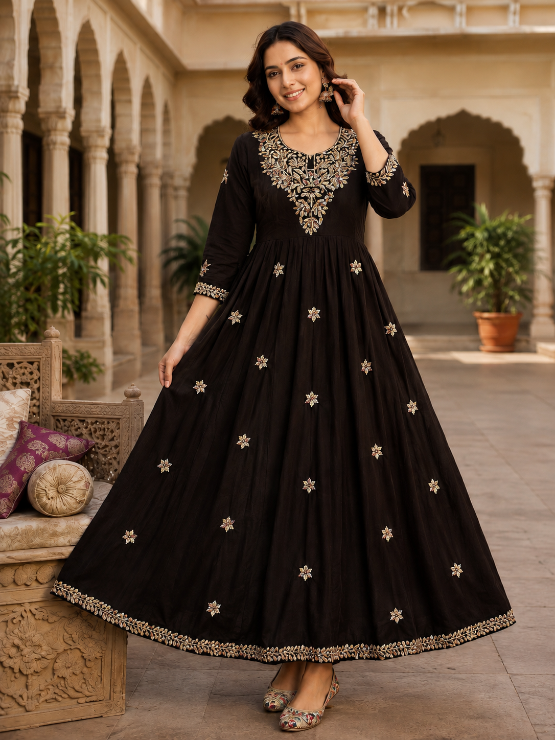 Black Embroidered Rayon Anarkali Dress for Women - Front View