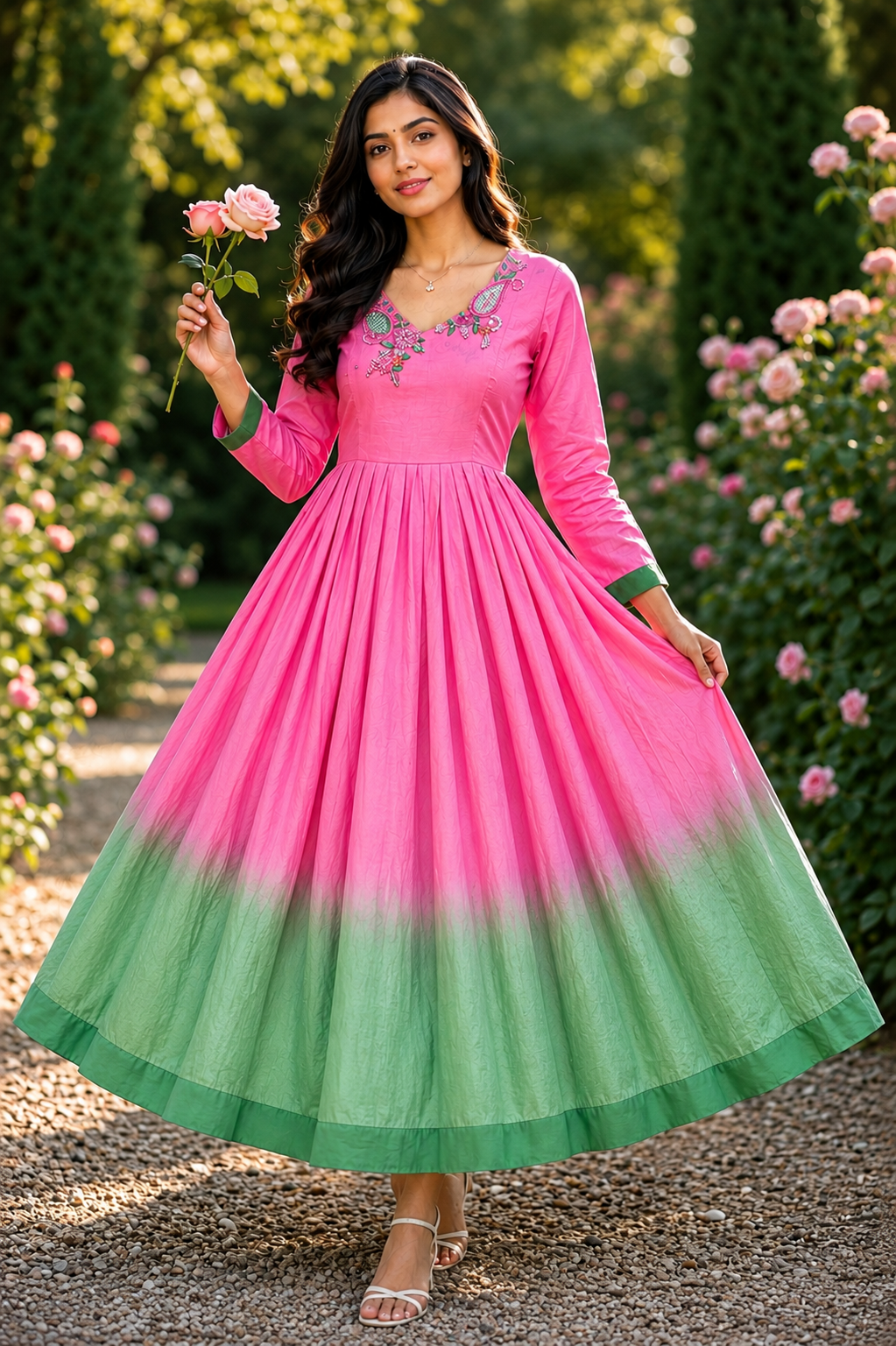 Women's Premium Chanderi Ombre Umbrella Frock | Embroidered Neck