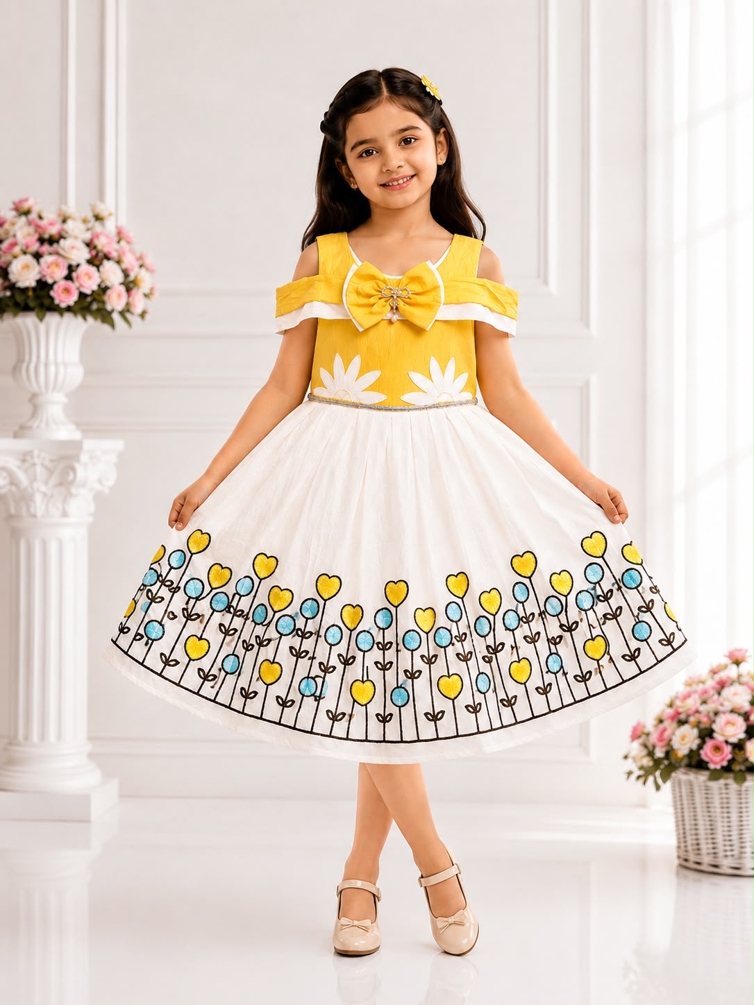 Girls Floral Designer Frock with Bow & Flower Embroidery | Kids Party Wear Frock | Sizes 20–30 | Model - 2